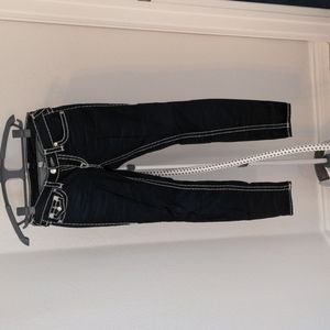 True Religion dark wash straight leg jeans with white stitching. Size 27